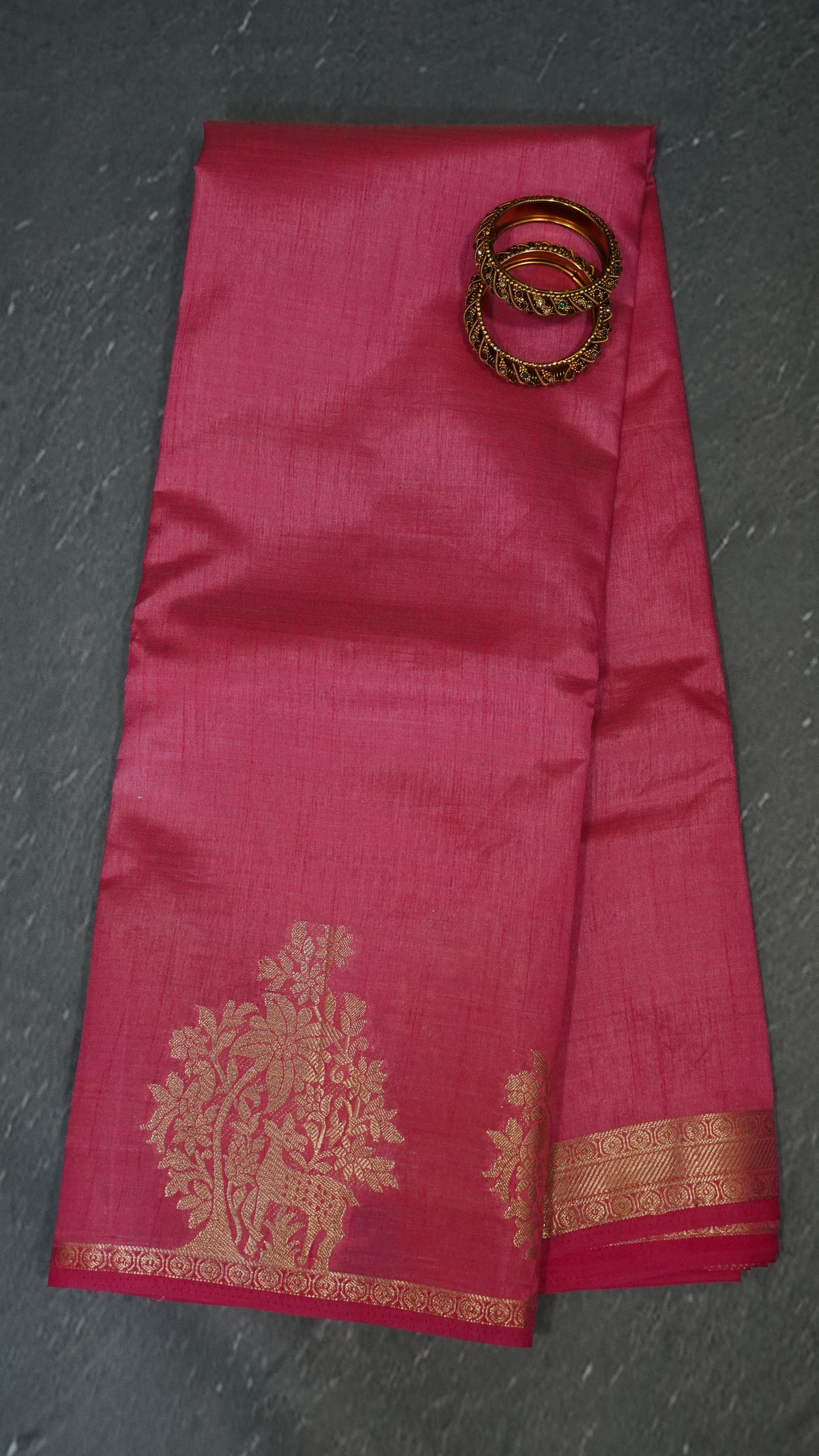 Semi Tussar Saree -Peach Pink Deer Small Border