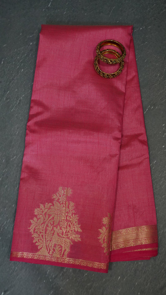 Semi Tussar Saree -Peach Pink Deer Small Border