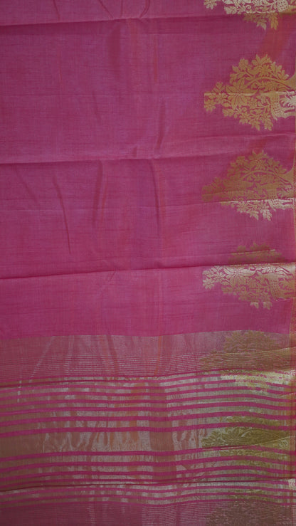 Semi Tussar Saree -Peach Pink Deer Small Border