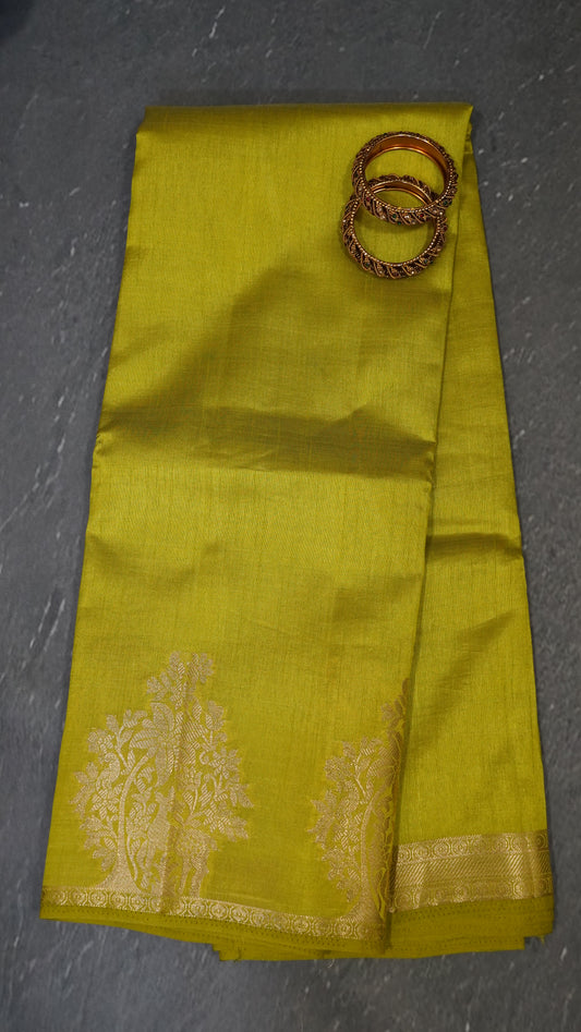 Semi Tussar Saree -Mehandhi Green Deer Small Border