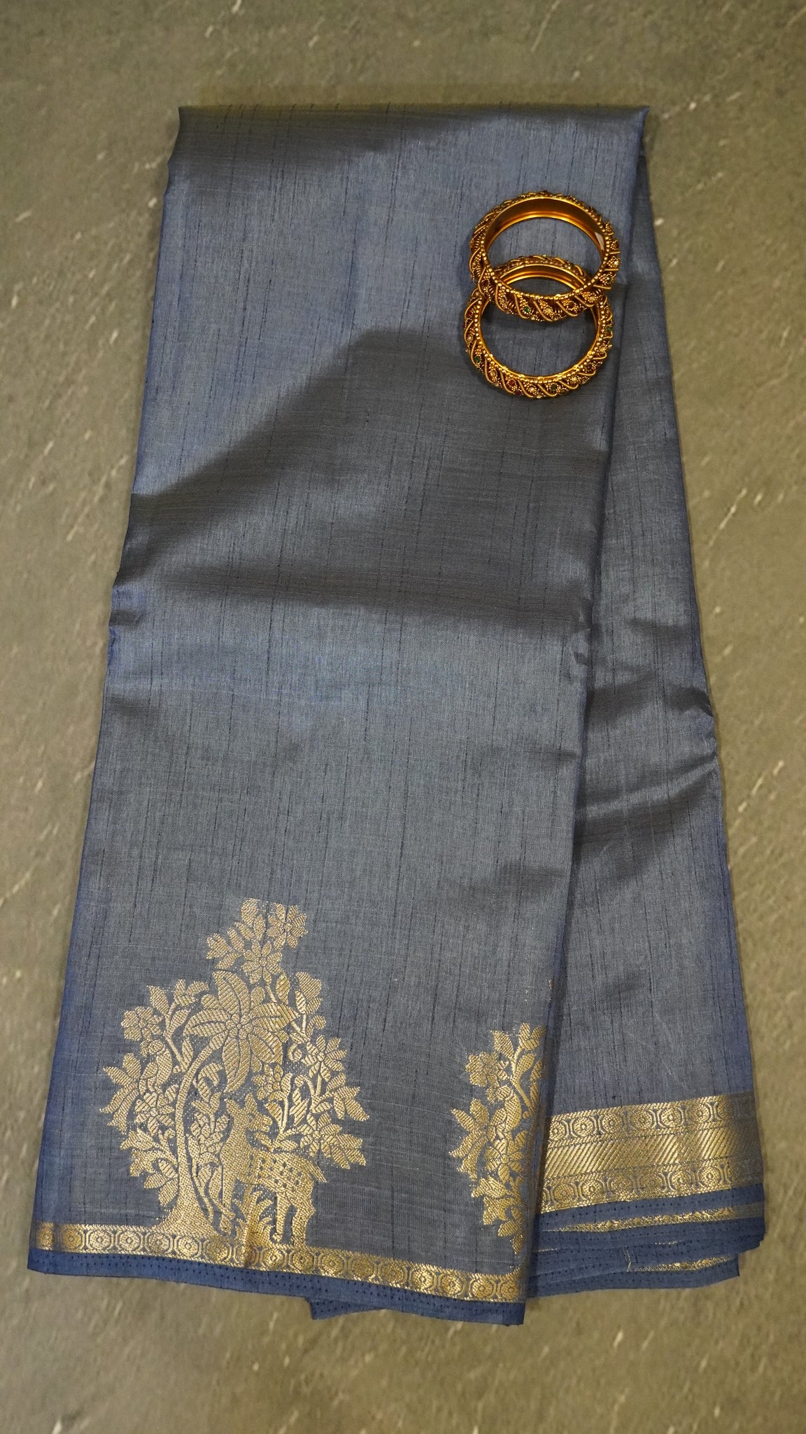 Semi Tussar Saree -Greyish Blue Deer Small Border