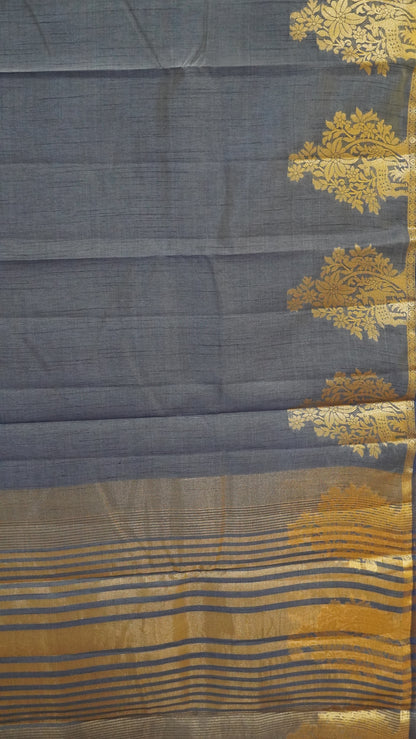 Semi Tussar Saree -Greyish Blue Deer Small Border