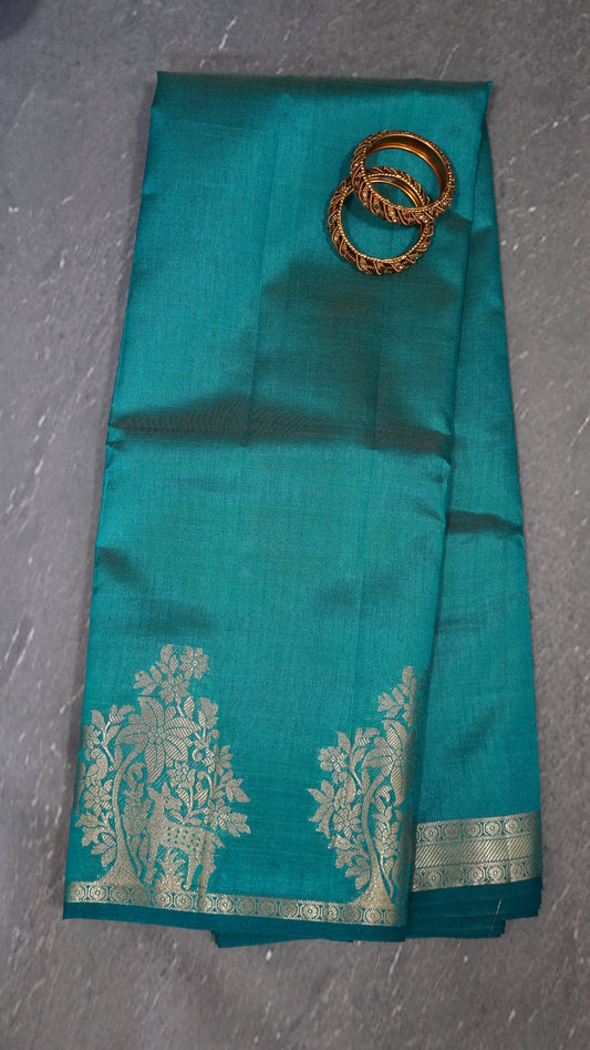 Semi Tussar Saree -Ramar Blue Deer Small Border