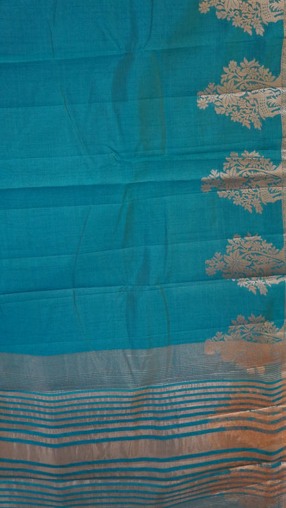 Semi Tussar Saree -Ramar Blue Deer Small Border