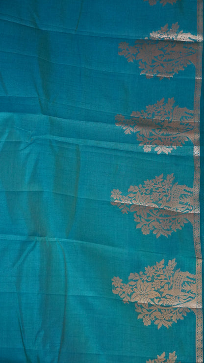 Semi Tussar Saree -Ramar Blue Deer Small Border