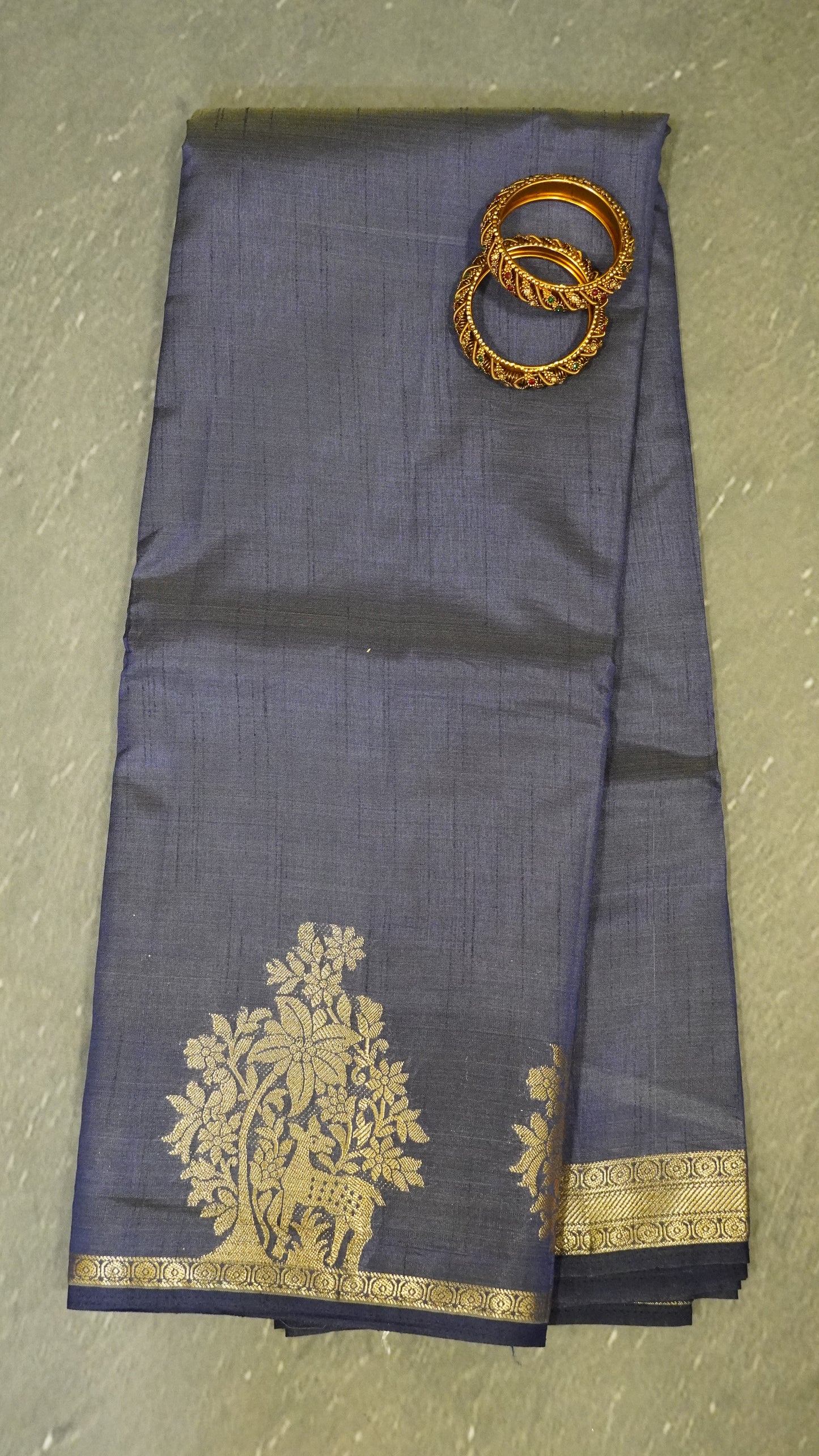Semi Tussar Saree -Navy Blue Deer Small Border