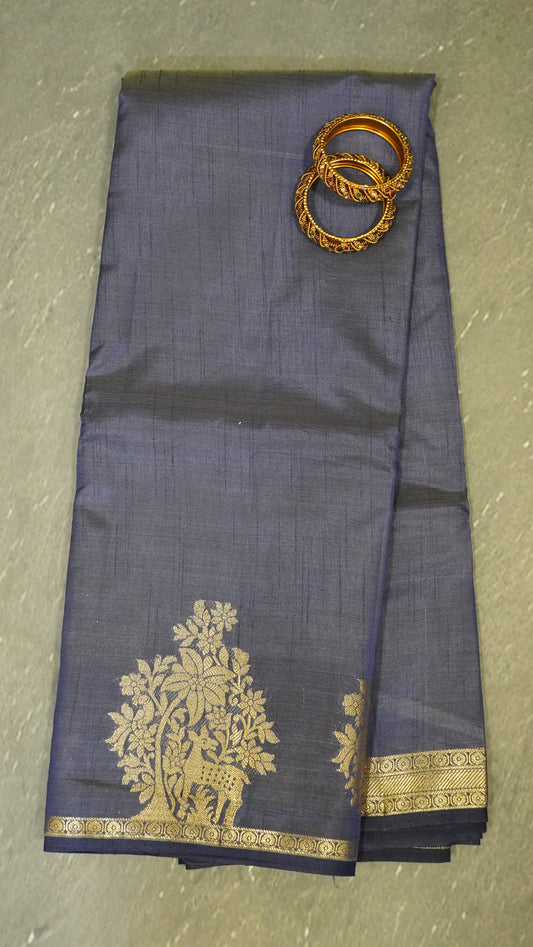 Semi Tussar Saree -Navy Blue Deer Small Border