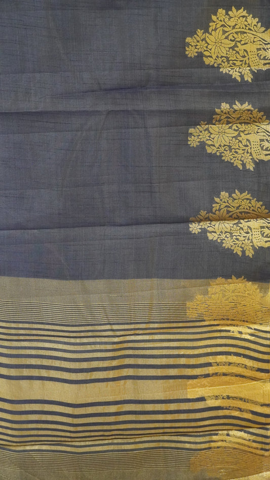 Semi Tussar Saree -Navy Blue Deer Small Border