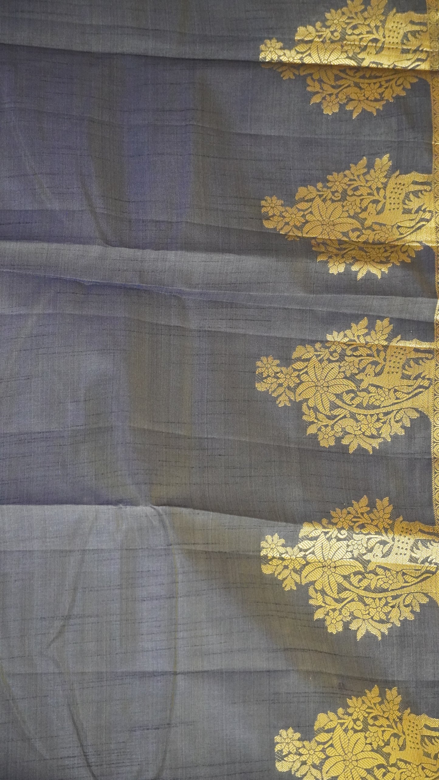 Semi Tussar Saree -Navy Blue Deer Small Border
