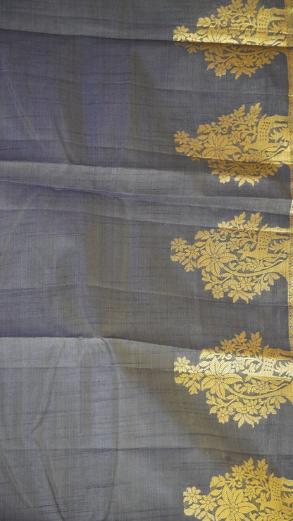 Semi Tussar Saree -Navy Blue Deer Small Border