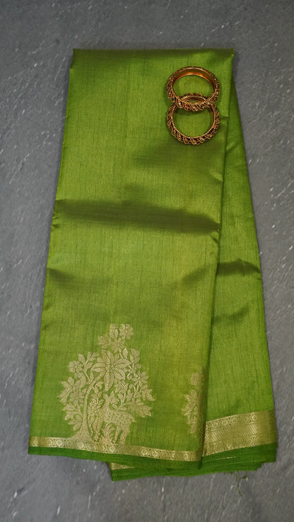 Semi Tussar Saree -Lite Green Deer Small Border