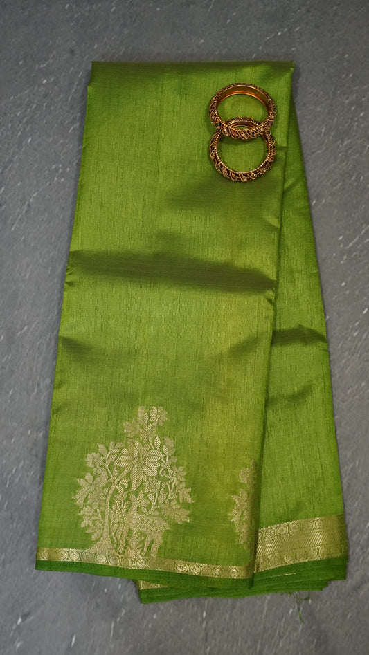 Semi Tussar Saree -Lite Green Deer Small Border