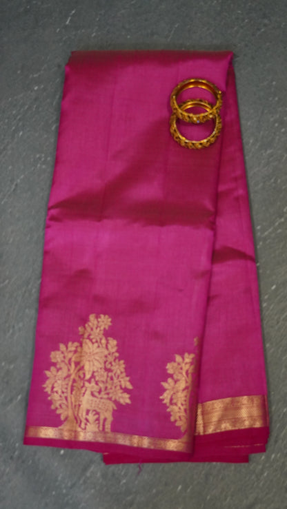 Semi Tussar Saree -Rani Pink Deer Small Border