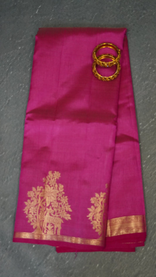 Semi Tussar Saree -Rani Pink Deer Small Border