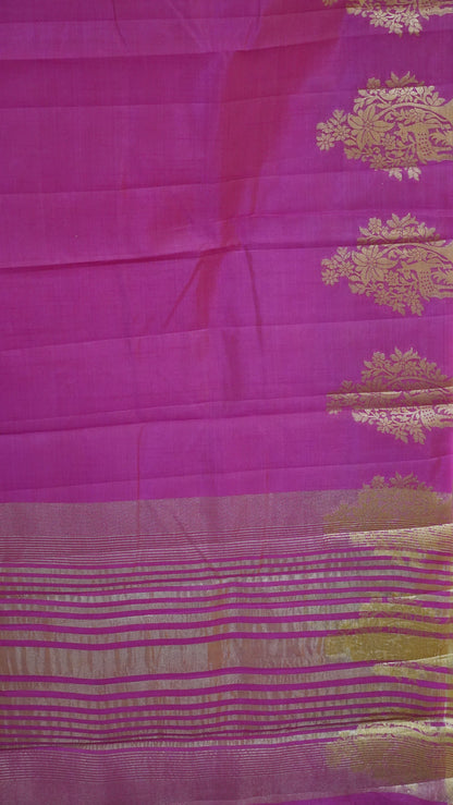 Semi Tussar Saree -Rani Pink Deer Small Border