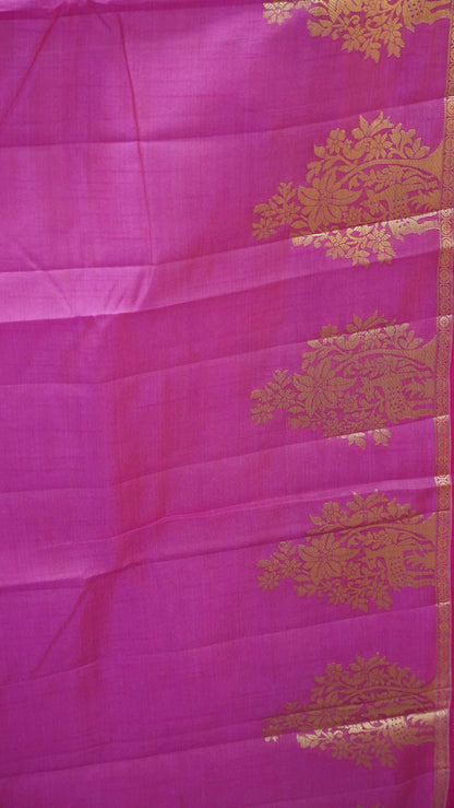 Semi Tussar Saree -Rani Pink Deer Small Border