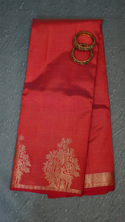 Semi Tussar Saree -Red Deer Small Border