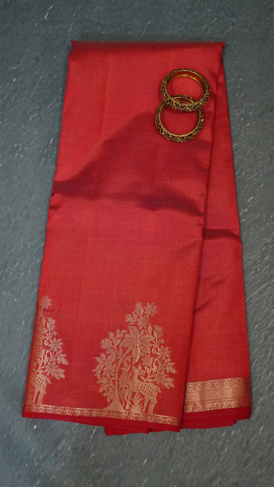 Semi Tussar Saree -Red Deer Small Border