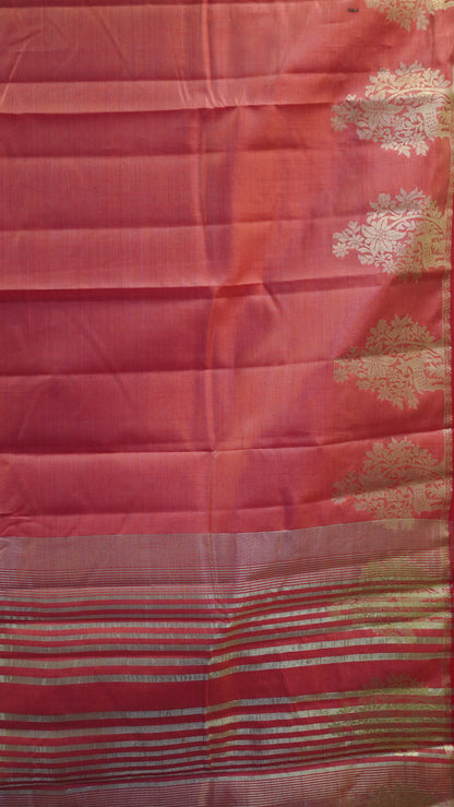 Semi Tussar Saree -Red Deer Small Border