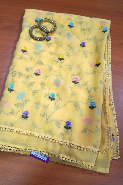 Georget Saree - Round Tread Work Mustard
