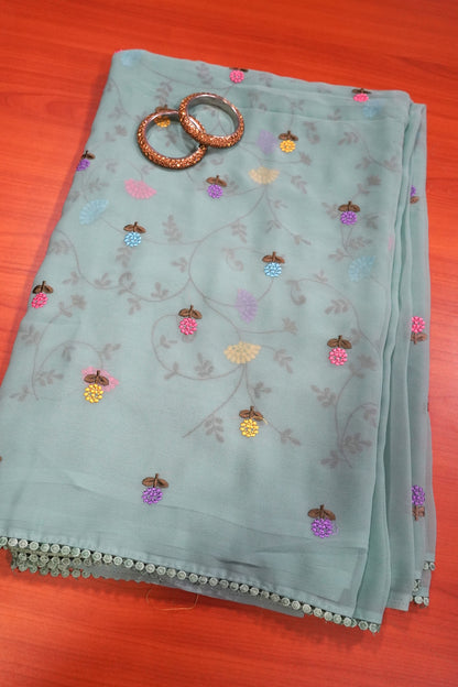 Georget Saree - Round Tread Work Green