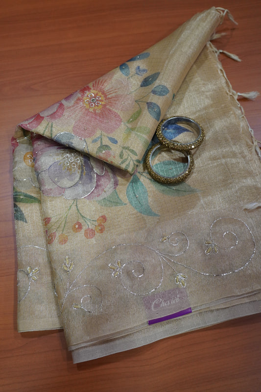 Art Zari Kota Saree - Katch Work Mustard