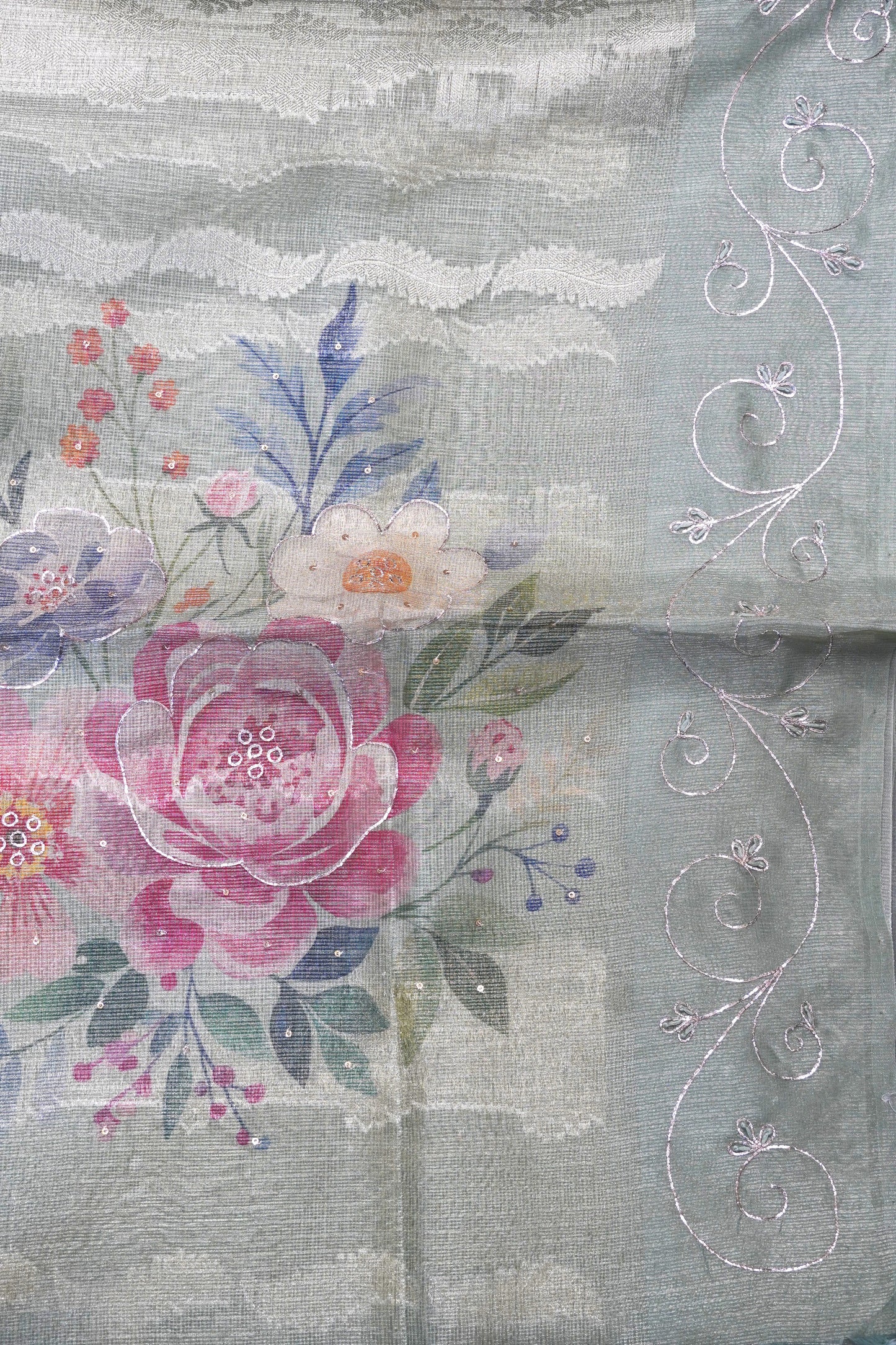 Art Zari Kota Saree - Katch Work Green