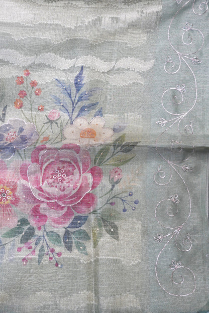 Art Zari Kota Saree - Katch Work Green