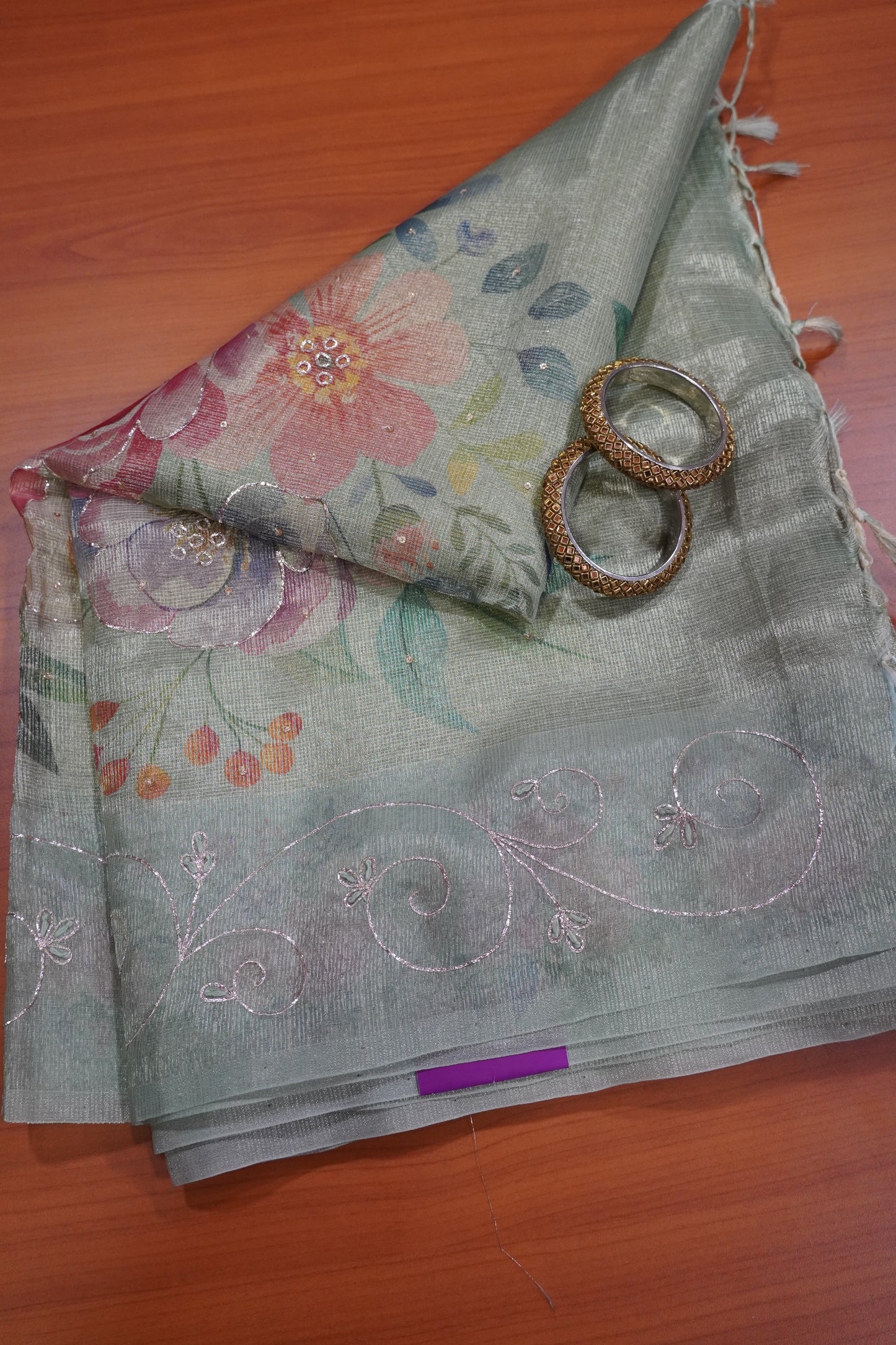 Art Zari Kota Saree - Katch Work Green