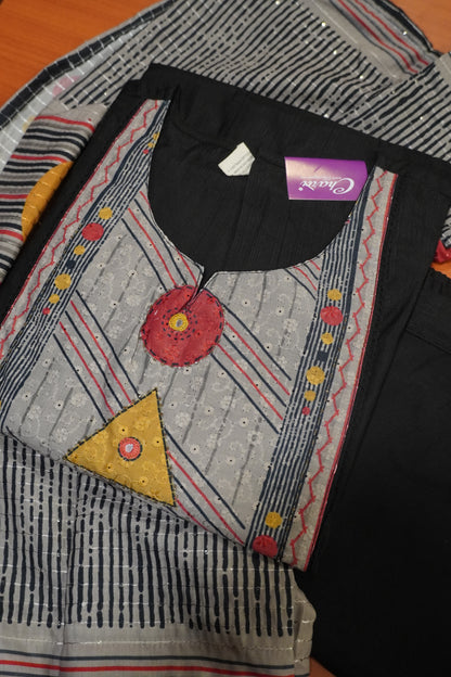 3 Pcs Kurti Set - Black