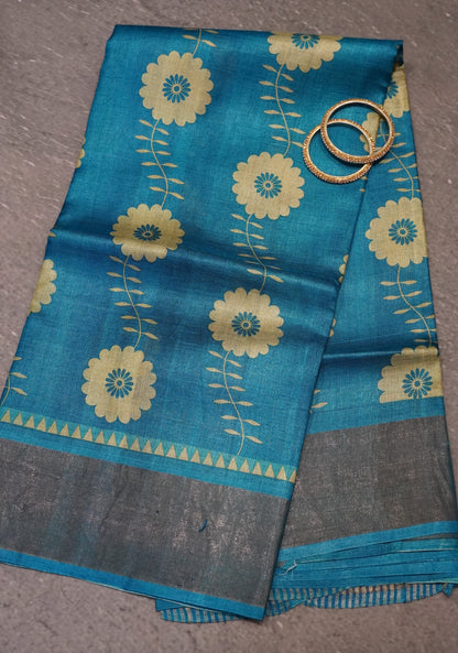Pure Tussar Saree - Ramar Blue Floral