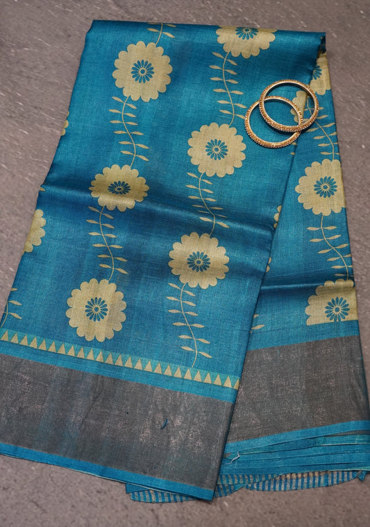 Pure Tussar Saree - Ramar Blue Floral