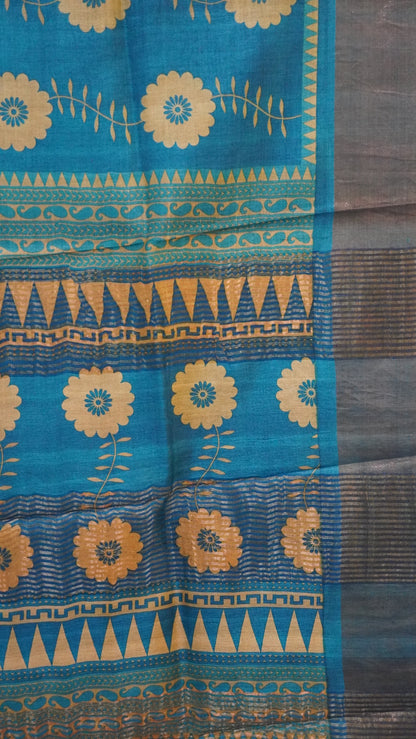 Pure Tussar Saree - Ramar Blue Floral