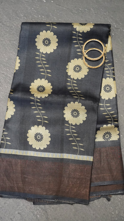 Pure Tussar Saree - Black FLoral