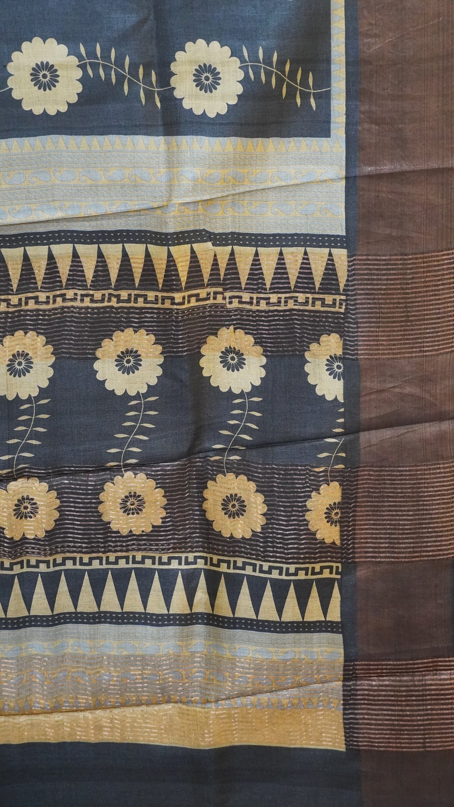 Pure Tussar Saree - Black FLoral