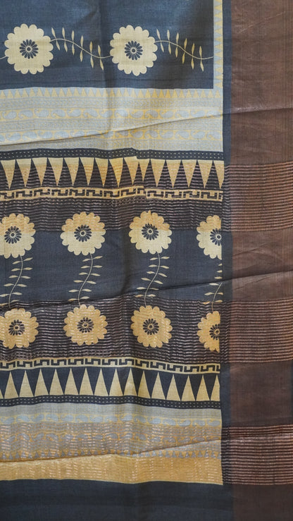 Pure Tussar Saree - Black FLoral