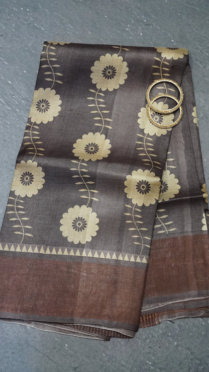 Pure Tussar Saree - Brown Floral