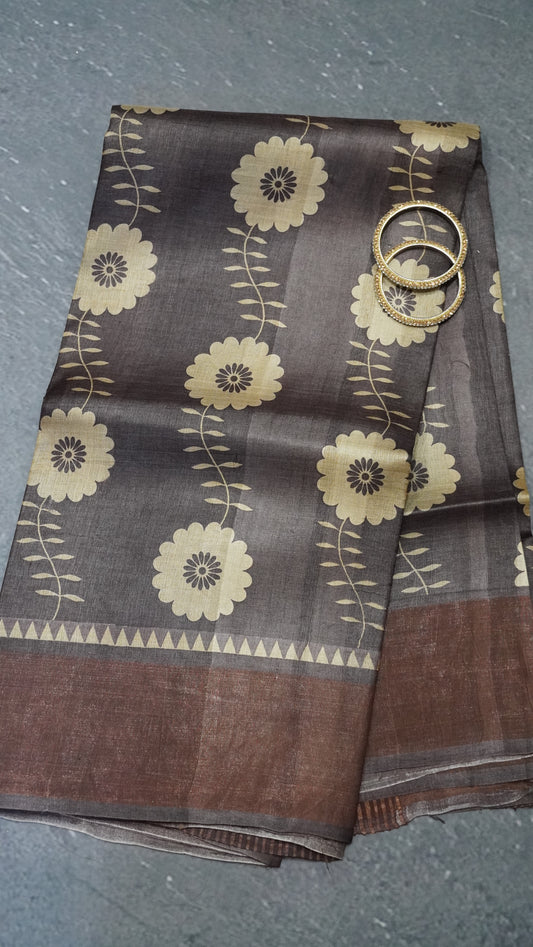 Pure Tussar Saree - Brown Floral