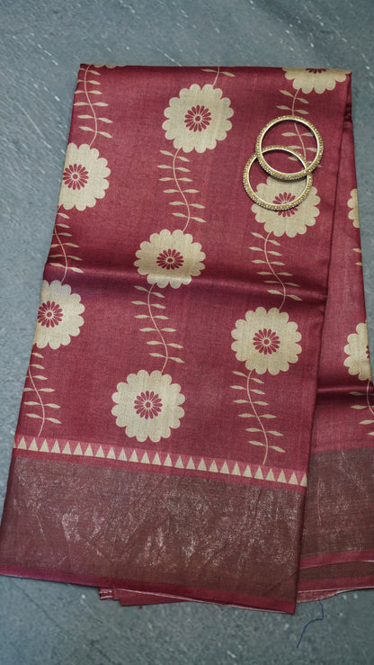 Pure Tussar Saree - Maroon Floral
