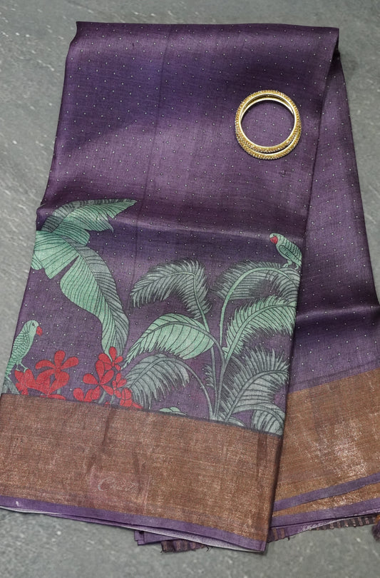 Pure Tussar Saree - Purple Small Dots