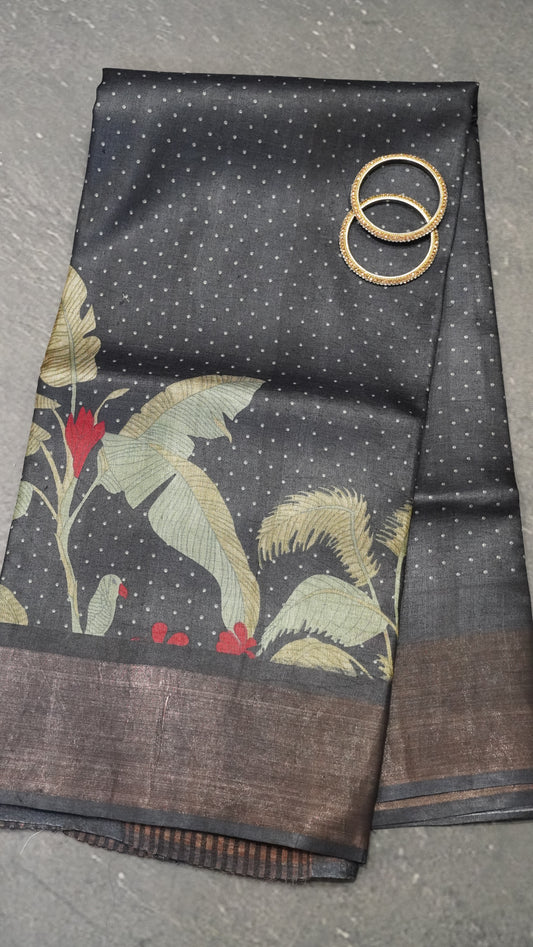 Pure Tussar Saree - Black Small Dots