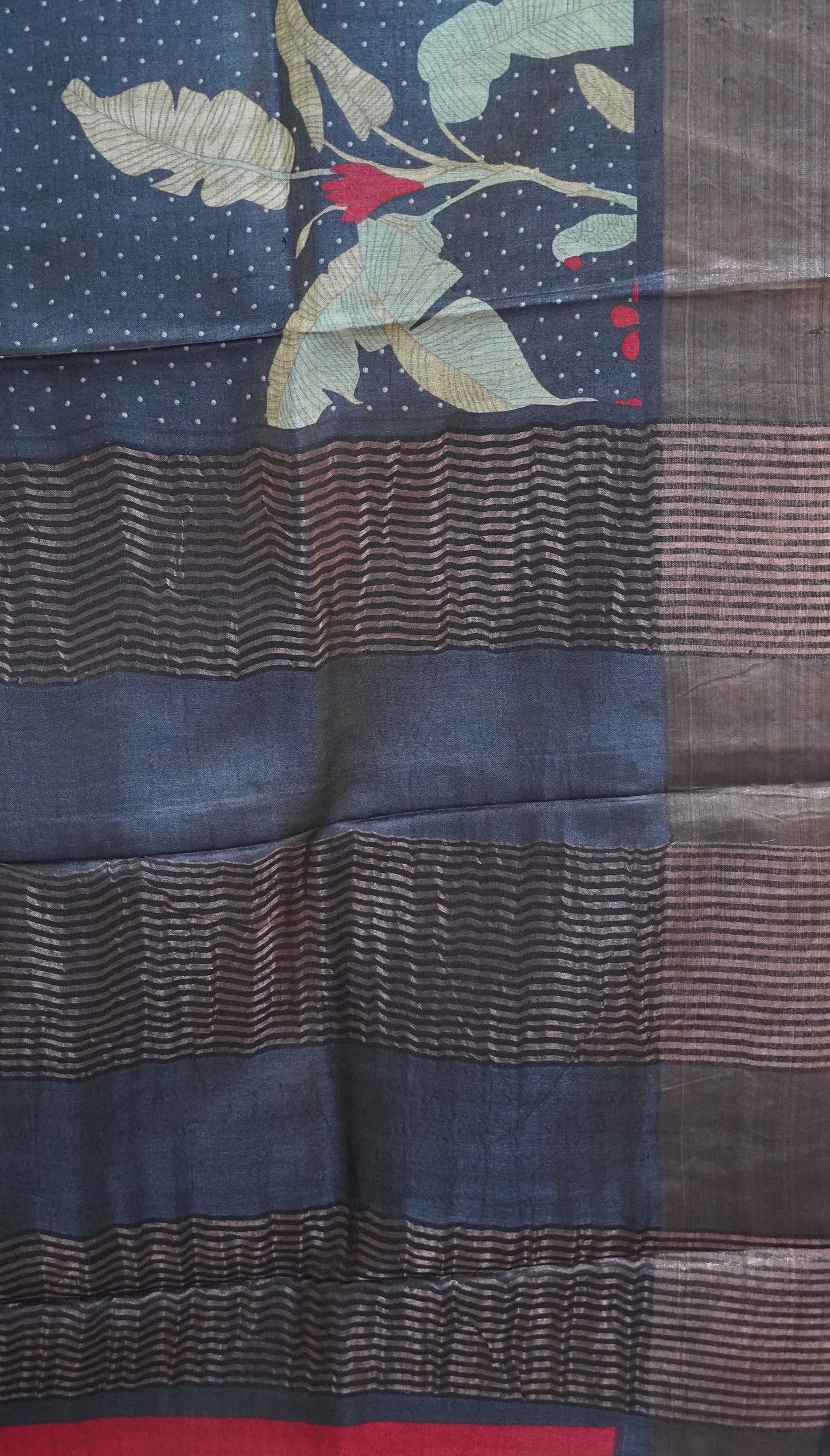 Pure Tussar Saree - Black Small Dots