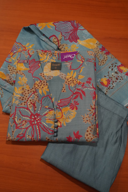 3 Pc Kurti Set - Greyish Blue