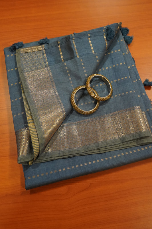 Semi Tussar Saree - Square Buta Blue