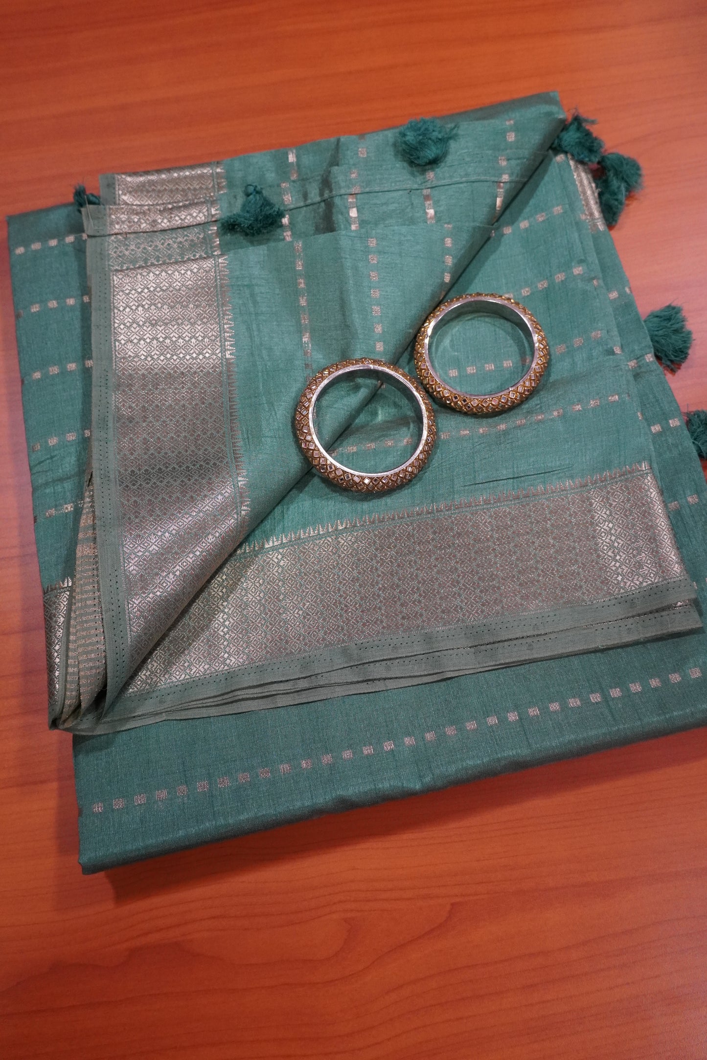 Semi Tussar Saree - Square Buta Metalic Green