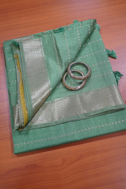 Semi Tussar Saree - Square Buta Green