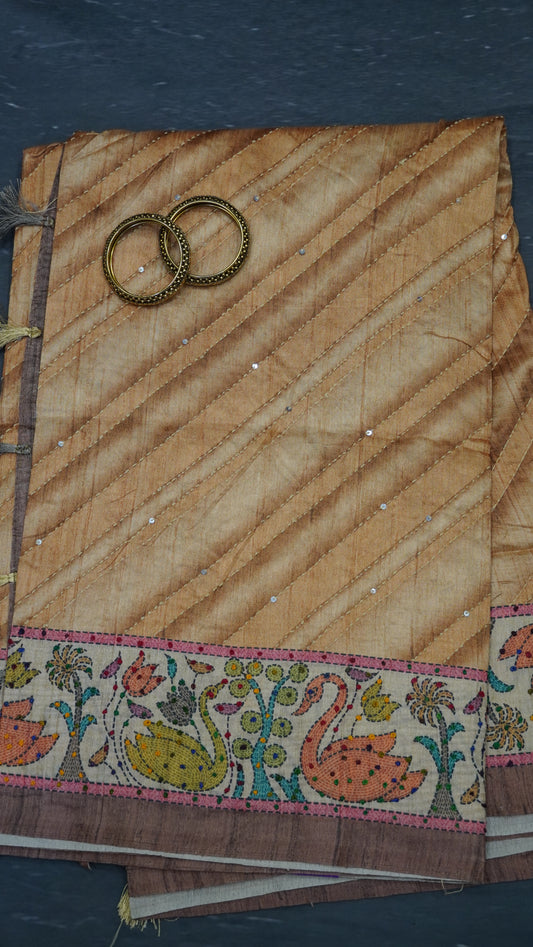 Semi Tussar Saree With French Knot & Kantha Work - Brown