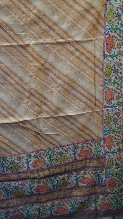 Semi Tussar Saree With French Knot & Kantha Work - Brown
