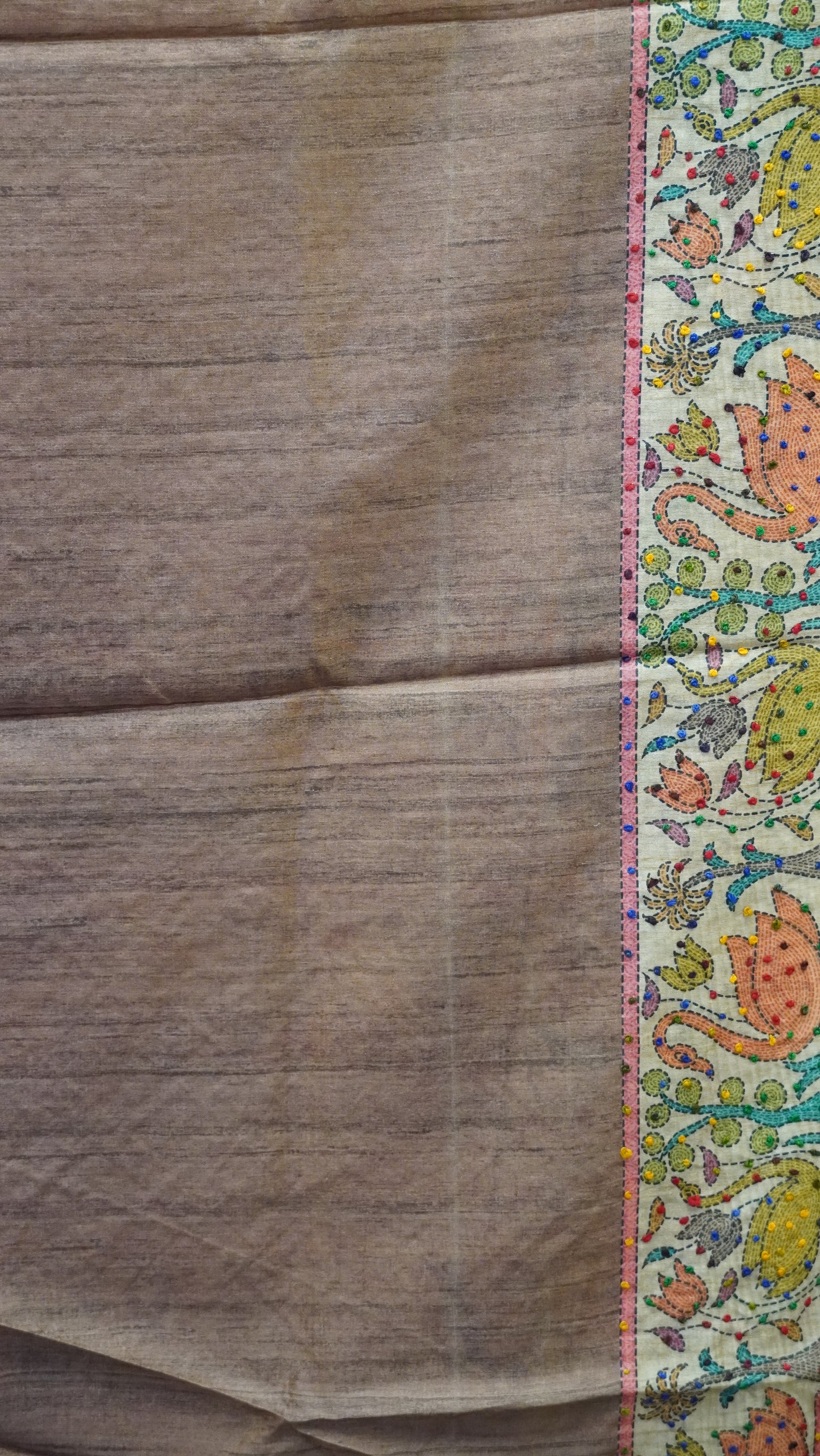 Semi Tussar Saree With French Knot & Kantha Work - Brown