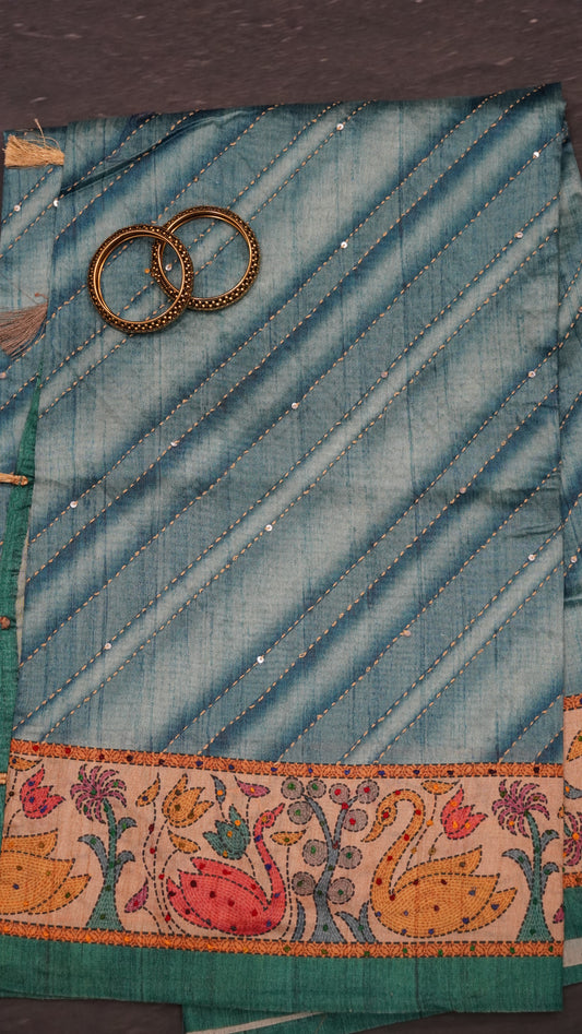 Semi Tussar Saree With French Knot & Kantha Work - Blue